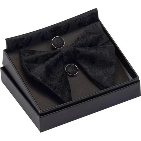 New Paisley Adjustable Pre-tied Cufflink Set Black - Picture 2 of 5